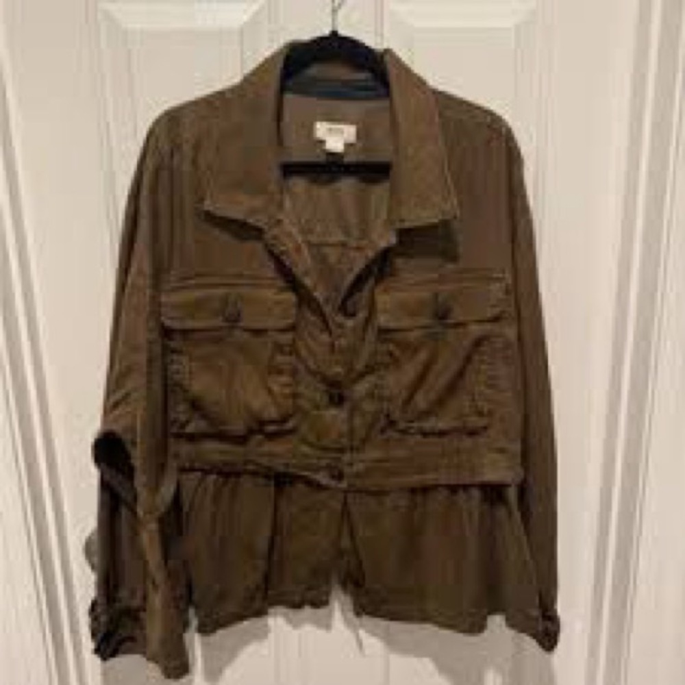 Maeve Flounce Olive Utility Jacket Shirt - Picture 3 of 5